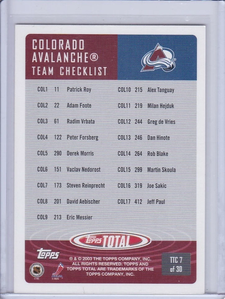 Patrick Roy 2002 Topps Total Team Checklist Card TTC7 Grade MT - Image 2 of 2