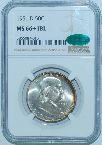 1951 D NGC MS66+FBL CAC Full Bell Lines Franklin Half Dollar
