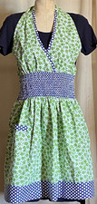 Vintage Kitchen Bib Apron Handmade Smocked Cotton Bow Ties Green Blue O/S px