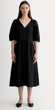 NWT_Everlane Linen Oversized Puff-Sleeve Dress Black V-Neck Midi Small