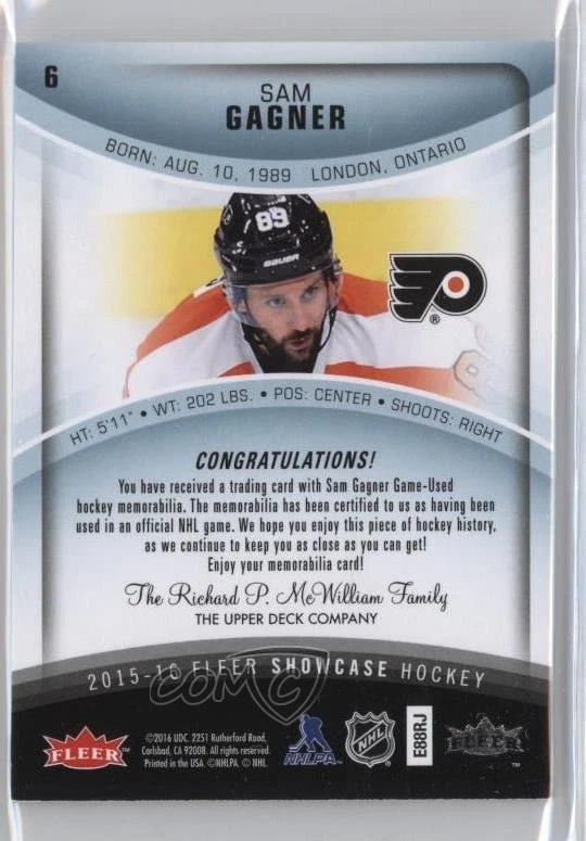 2015-16 Upper Deck Fleer Showcase Premium Materials White Hot /15 Sam Gagner #6 - Image 2 of 2