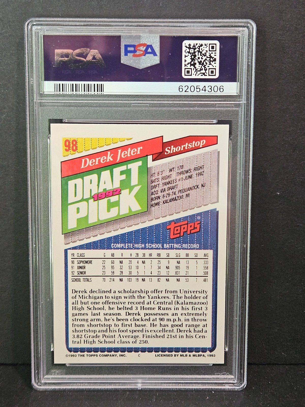 1993 Topps - Derek Jeter #98 (RC) Rookie PSA 8 view 2