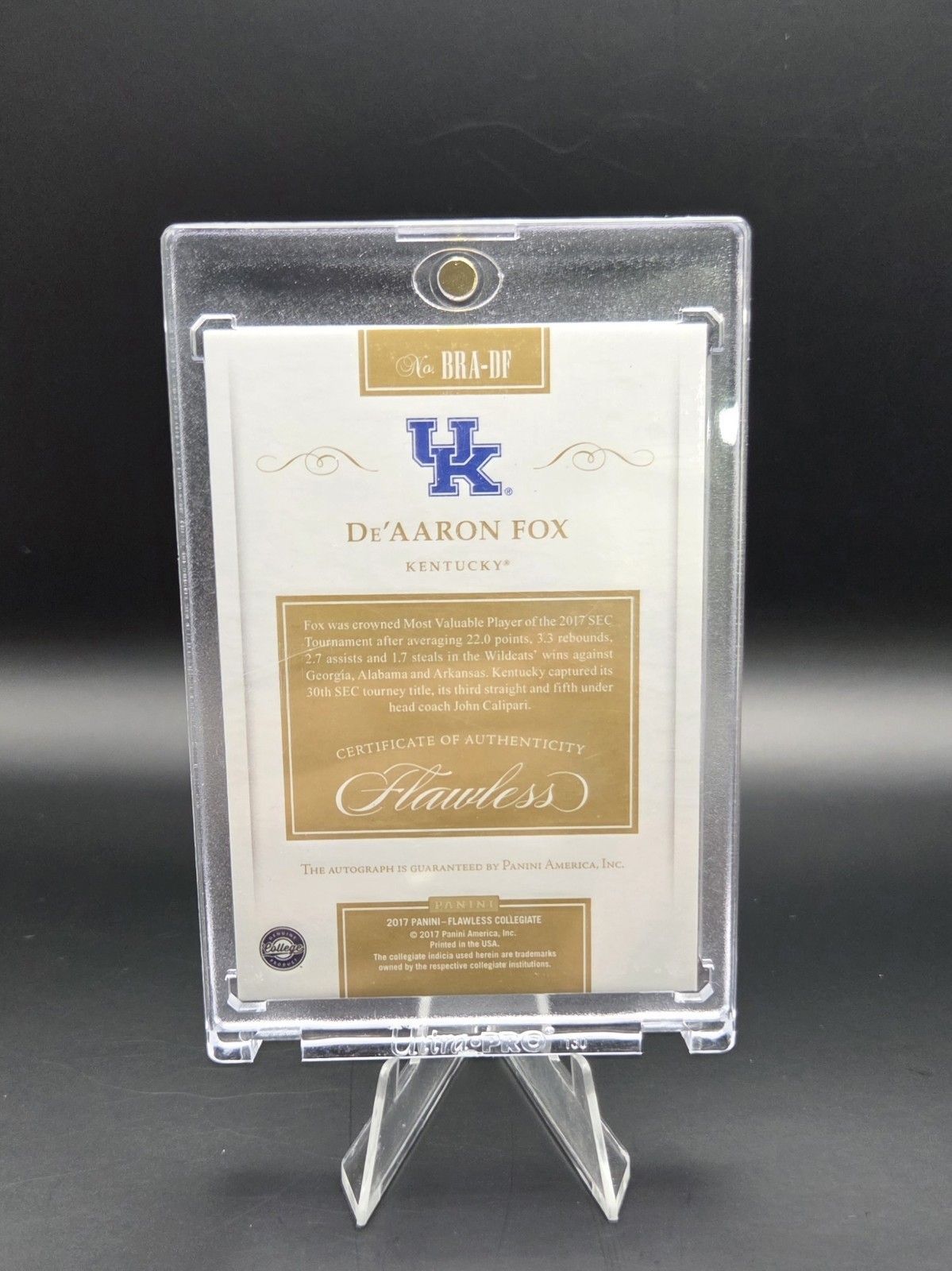 2017 Panini Flawless De'Aaron Fox Rookie Auto Kentucky #15/25 SSP view 3