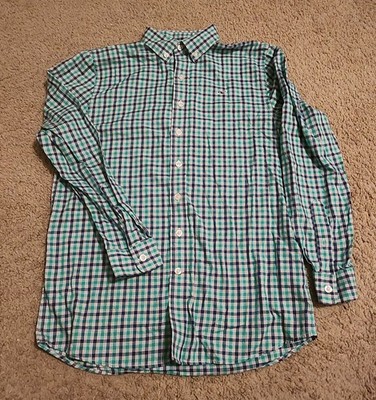 Vineyard Vines Whale Shirt Button-Up Navy Blue and Green Gingham Youth L (16) LS