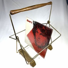 VTG MCM Record Rack Gold Wire Metal Magazine Holder Wood Handle Mid Century