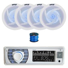 Pyle BT Marine MP3 Stereo Receiver, 4X 5.25" 180W LED Speakers White w/ Wire