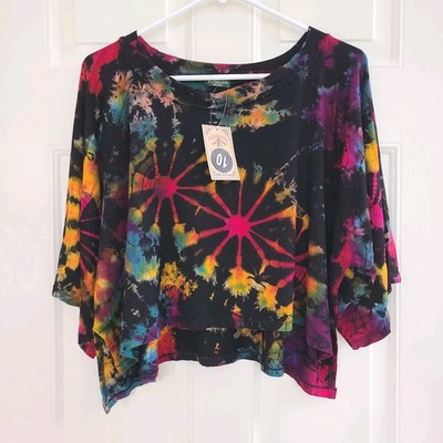 NWT Kathmandu Imports Multicolor Tie Dye Relaxed Cropped Top Artsy Boho Hippie