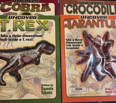 4 3-dimensional  Uncover Books. Look Inside A Tarantula, Cobra, Crocodile, Trex