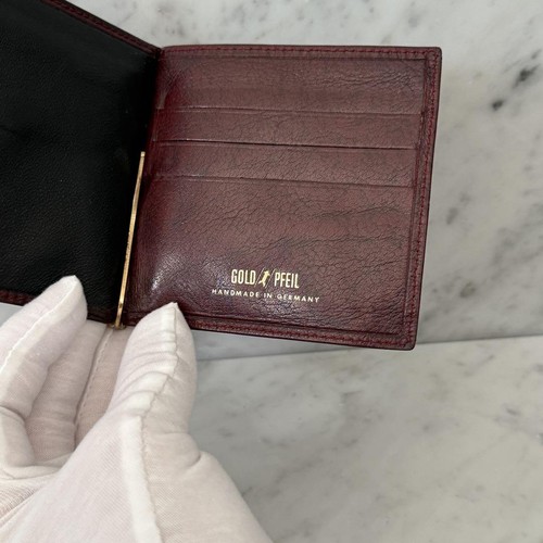 Gold File Leather Wine Red Money Clip Bifold Wallet - Picture 9 of 9