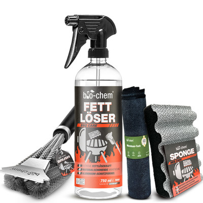 bio-chem Fettlöser Grillreiniger 750 ml inklusive Grillbürste, Tuch & Schwamm