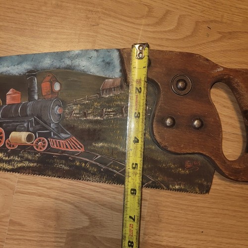 Vintage handbemaltes Sägeblatt alte Landbahn Szene B&O Eisenbahn Künstler signiert BW - Bild 11 von 15