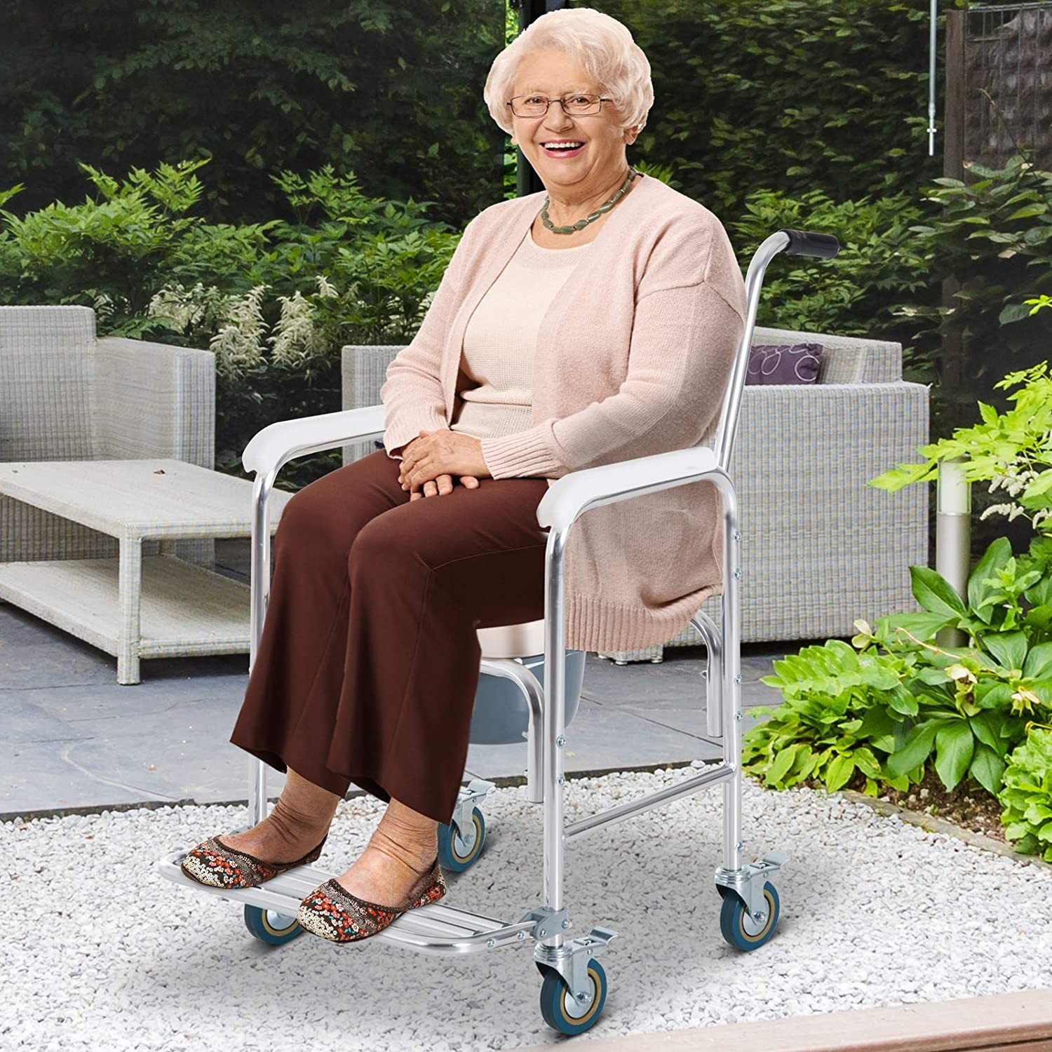 Personal Mobility Assist Commode Shower Transport Wheelchair w/Detachable Bucket