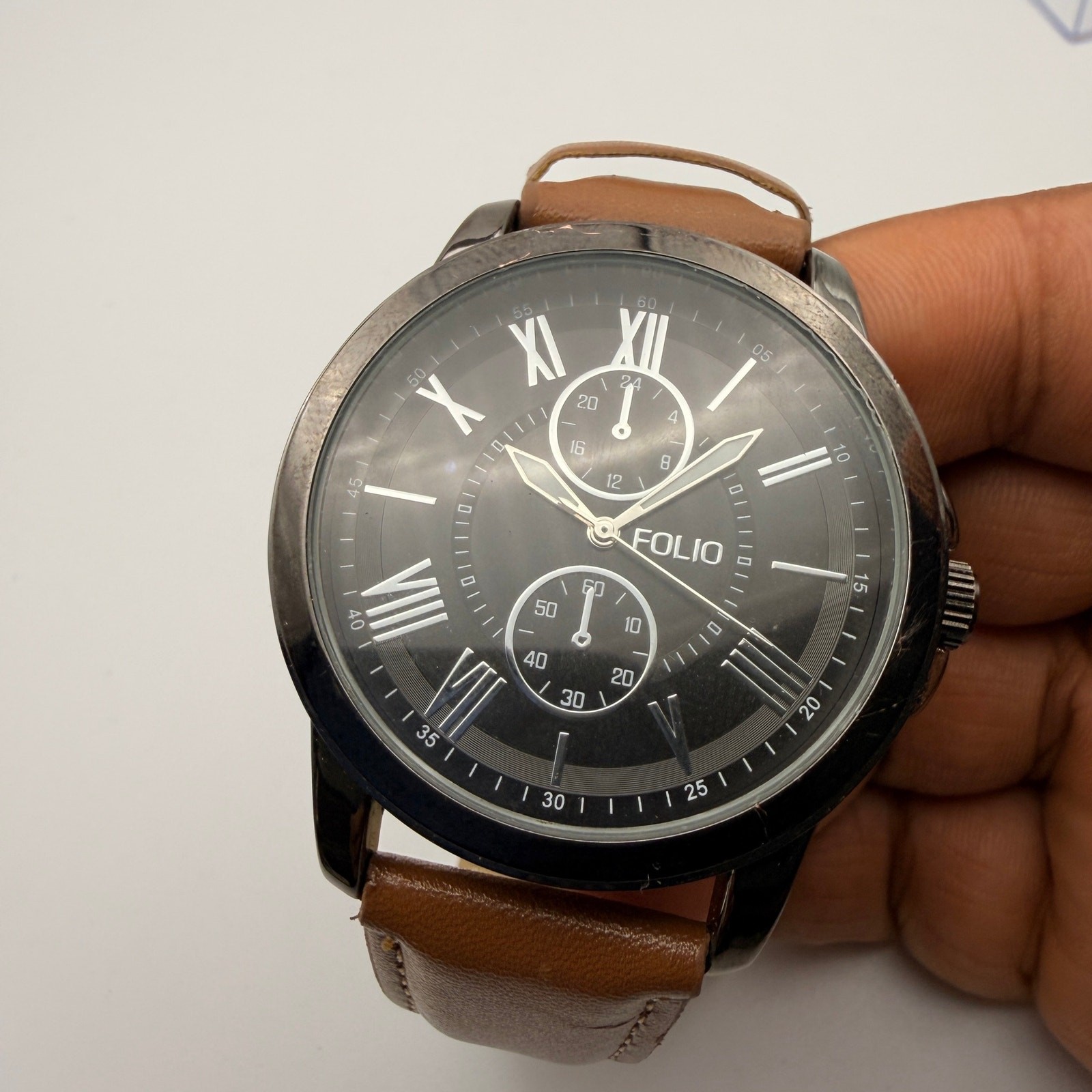 Folio Men's Gunmetal Quartz Watch with Brown Strap Working New Battery image 6