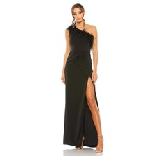 Mac Duggal Black Feather One Shoulder Ruched Gown Side Slit 68456 Size 4 NEW