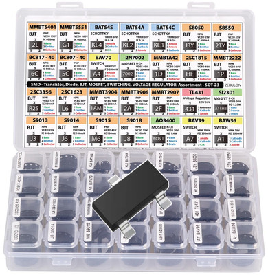 SMD SOT-23 Electronic Components Assortment, Transistors, BJT, MOSFET, Diodes, S