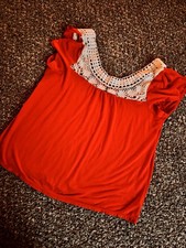 American Eagle Outfitters Women's Solid Orange Scoop Neck Crochet T Shirt S