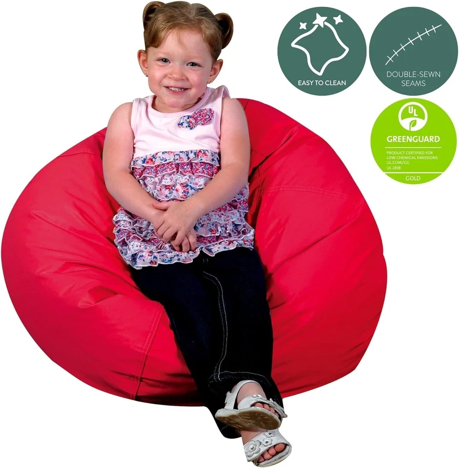 Kids Bean Bag Chair 26 Inch Round Soft Red  Leather for Playroom Seating - Image 4 of 4