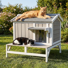 Outdoor Cat House   Weatherproof Wooden Shelter with Elevated Base, Balcony  Op