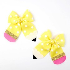 Back to school hair bows for girls, yellow polka dot pencil bow clips alligat...
