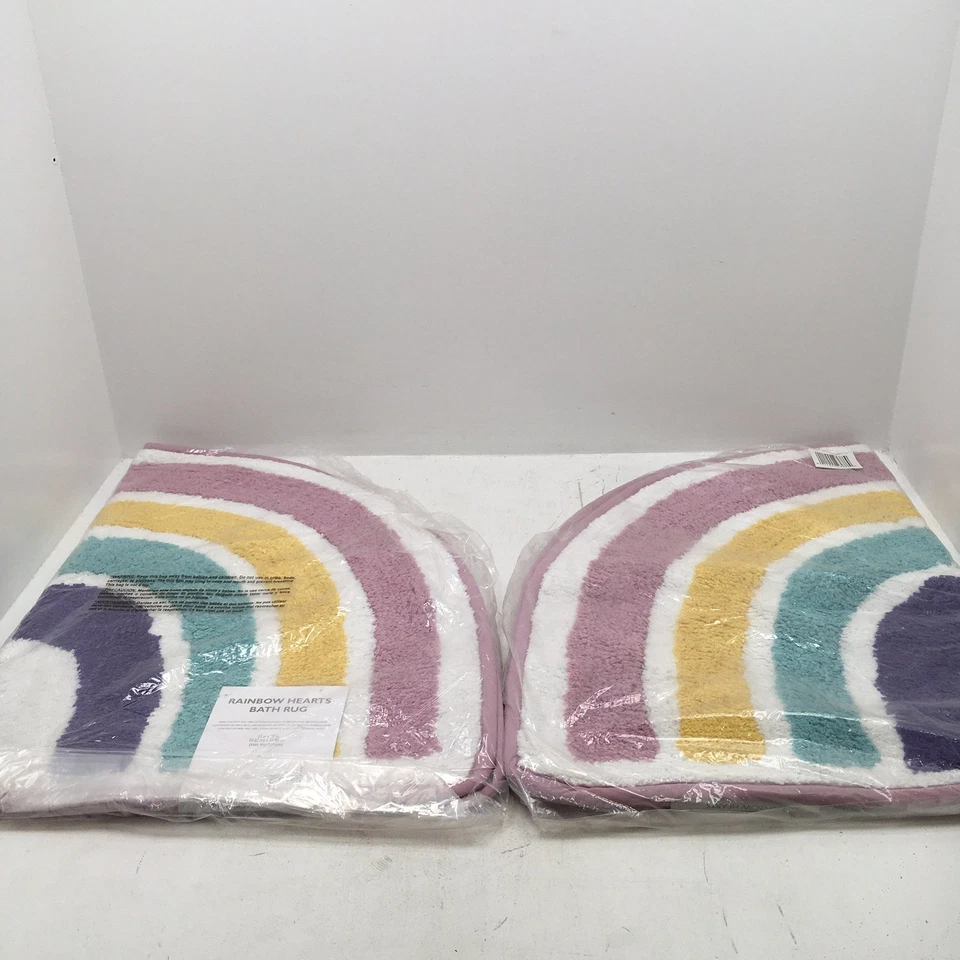 Tapete de banho Allure Home Rainbow Hearts algodão meio círculo multicolorido, lote de 2, novo com etiquetas - Imagem 2 de 4