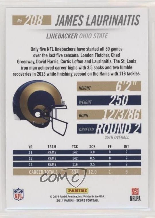2014 Panini Hot Rookies James Laurinaitis #208 - Image 2 of 2