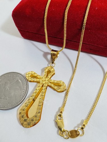 New Pure 22K 916 Real Yellow Dubai Gold 22” Long Cross Set Necklace 1.6mm 9g - Picture 15 of 24
