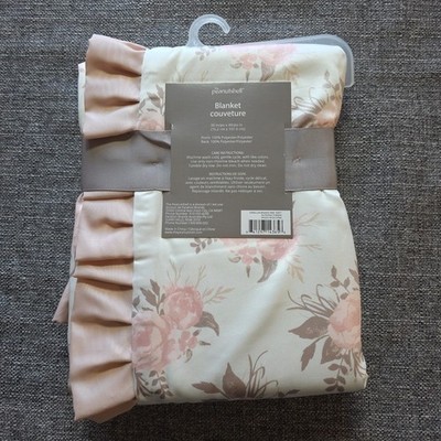 The Peanut Shell Cream Pink Rose Print Satin Back Ruffle Trim Baby Blanket
