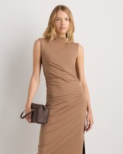 Quince Women Stretch Cotton Jersey Mock Neck Midi Dress Brown XL