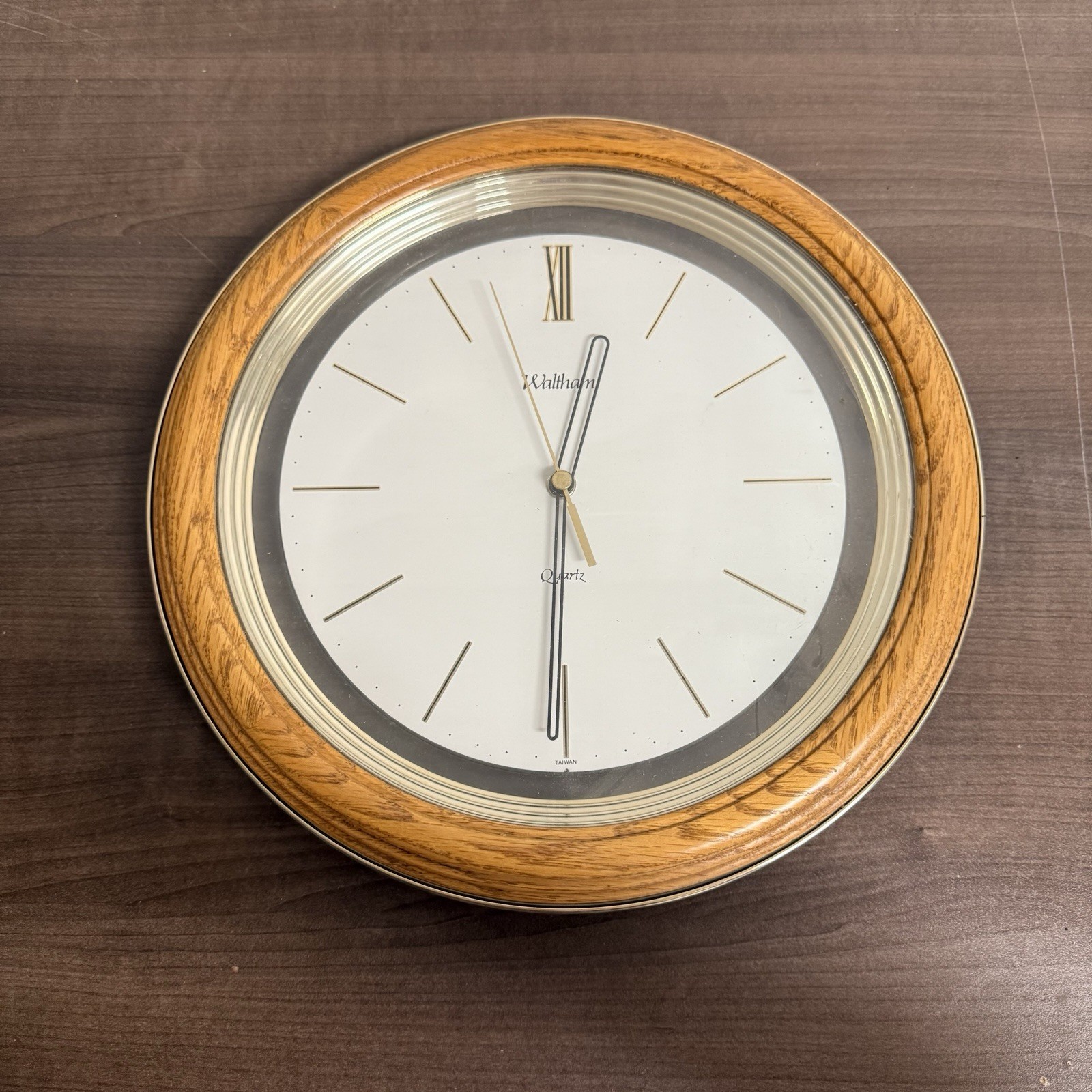 Mid Century Waltham Oak Wood Gold Rim Glass Face 12” Round WALL Quartz CLOCK