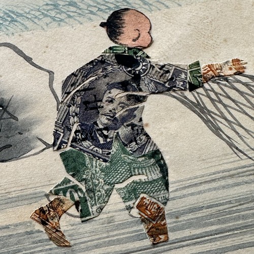 Collage de estampillas de China postal pintada a mano arte popular de los años 30 red de pesca de río para hombres - Imagen 2 de 4