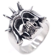 Gothic Spike Helmet Skull Ring Stainless Steel Evil Horn Skull Men's Biker Ring