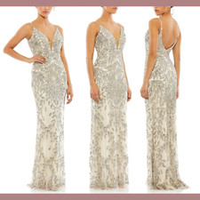 NWT Mac Duggal [ 16 ] 5107 Plunging V Neck Embellished Leaf Gown Nude Silver J29