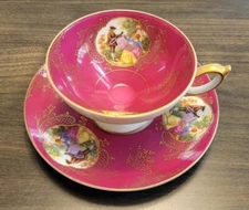 Del Mar Japan Hand-Painted Raspberry Red Teacup and Saucer, Garden Gold Trim