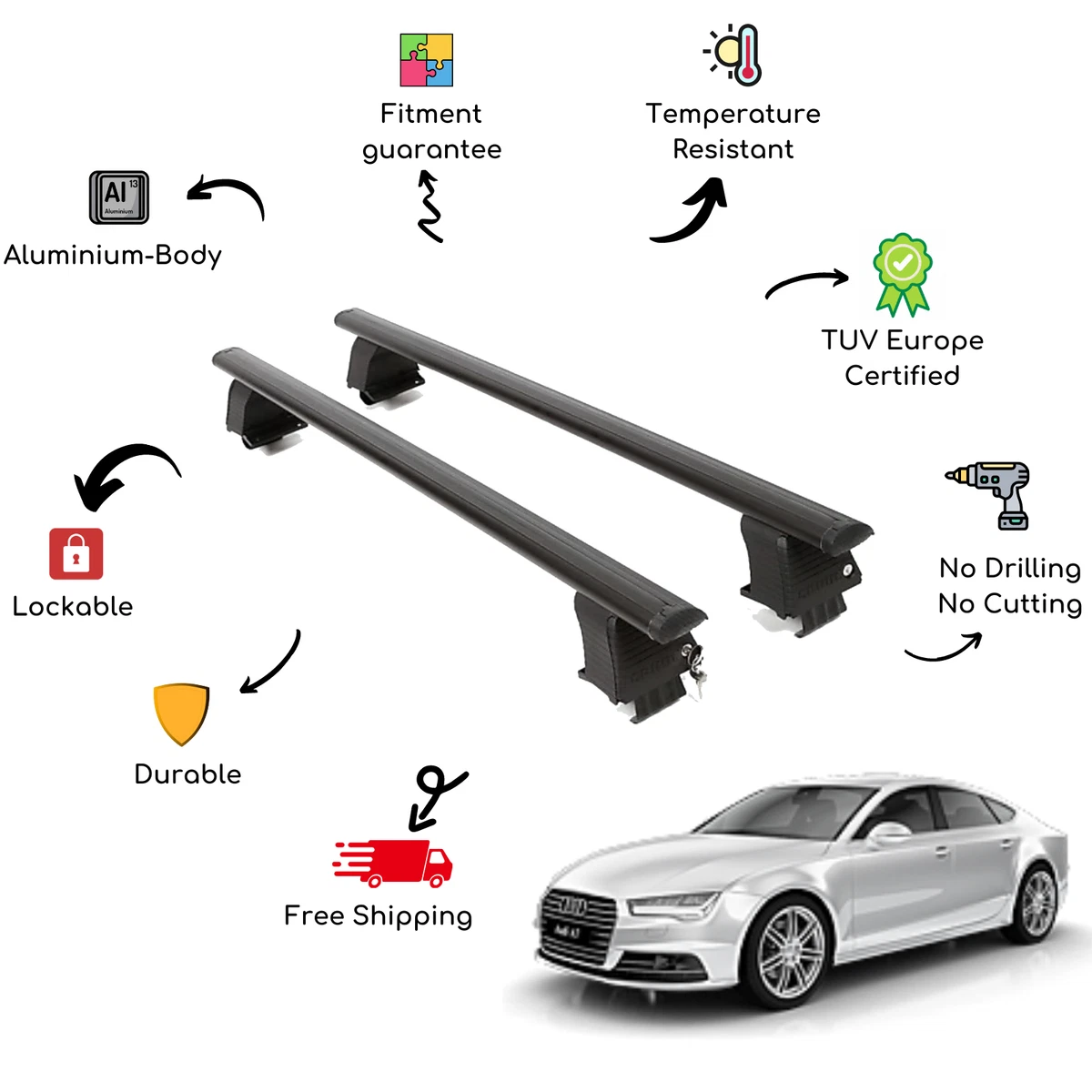 Bare Roof Rack Cross Bars Set for AUDI A7 4G C7 Sportback 4 Door 10 18 Black