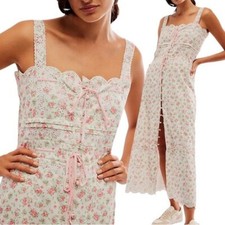 Praerie Brittany Pink Floral Lace Cottagecore Preppy Button Down Midi Dress L