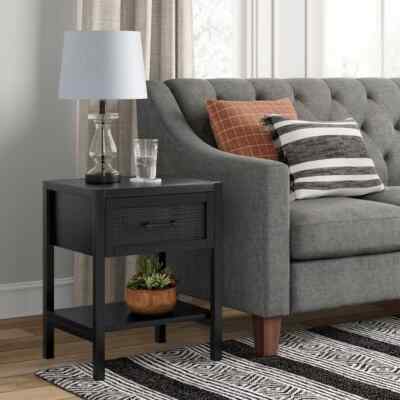Warwick End Table with Drawer Black - Threshold: Rattan Mesh, Storage Shelf