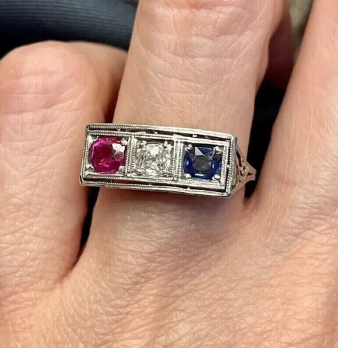 Three-Stone Art Deco Round Lab Created Diamond 14K White Gold FN Engagement Ring