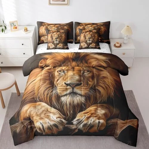 3D Lion Comforter Set with Sheets Lion Animal Print 7 Piece King Yellow - Picture 4 of 7