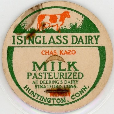 Milk Bottle Cap- Isinglass Dairy - Huntington, CT (Connecticut)- CHAS. KAZO-(#3)