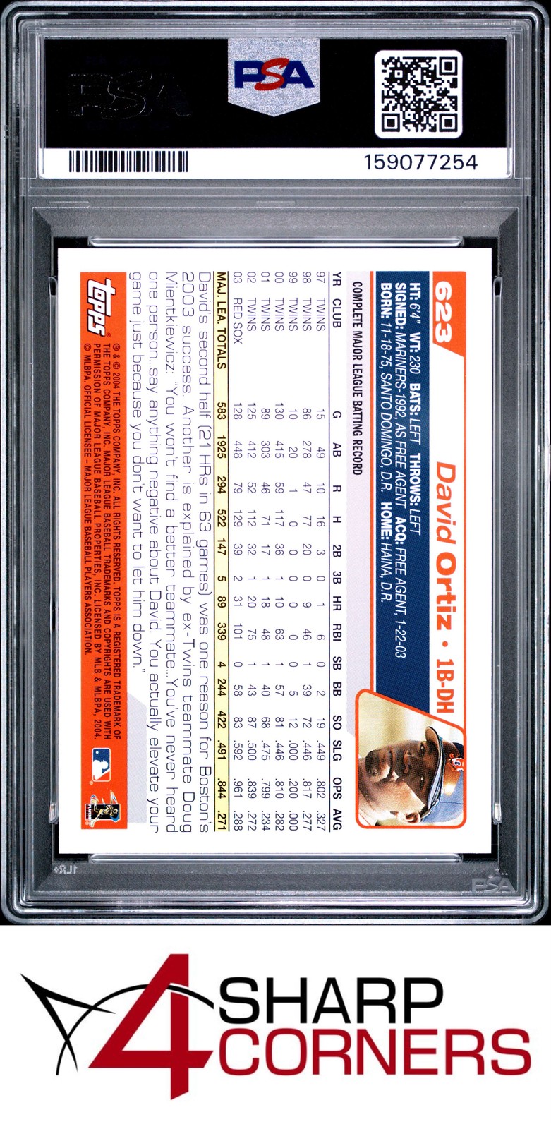2004 TOPPS #623 DAVID ORTIZ RED SOX HOF PSA 10 view 2