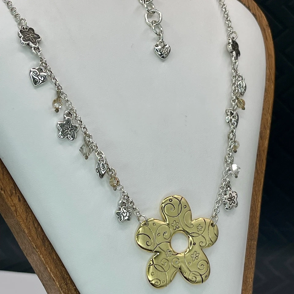 Brighton Golden Poppy Flower Pendant Necklace Mixed Metals Charms 16–18” - Image 3 of 4