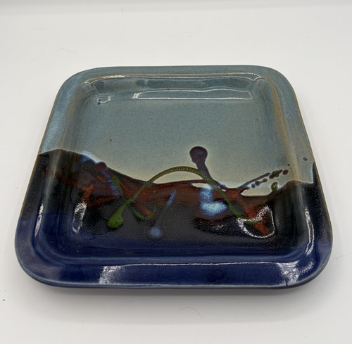 Blue Colorful Abstract Squiggles Square Studio Art Pottery Plate 8.5" Signed