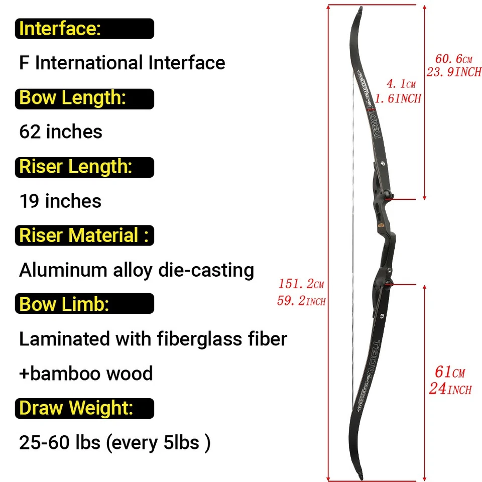F Interface 62" Recurve Bow 19" Riser 25-60lbs Limbs Archery Hunting Target US - Image 4 of 4