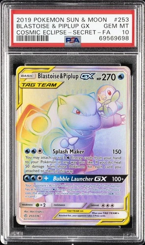 2019 POKEMON SUN & MOON COSMIC ECLIPSE FULL ART/BLASTOISE & PIPLUP GX PSA 10