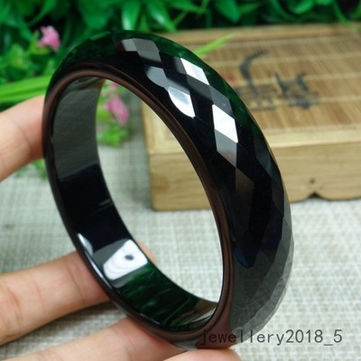 Certified Black Green Burma 100%Natural A Jadeite jade Bracelet墨翠 钻石切割面玉镯 59.9mm