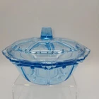 Vintage Blue Depression Glass Covered Candy Dish Bowl 6.5" Beaded Pattern Lid