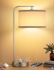 Gray Side Table Lamp with USB Port  Outlet - Dimmable Linen Shade, LED Bulb