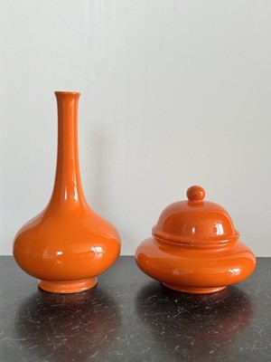 Vintage Mid Century 70 s Bright Orange Vase And Lidded Pot Ceramic Carlton Ware