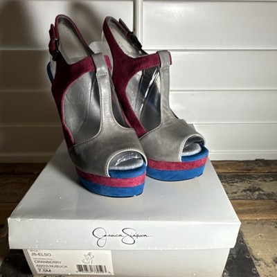 Jessica Simpson Platform Stiletto Buckle Rama Nubuck Cranberry Gray Blue 7.5