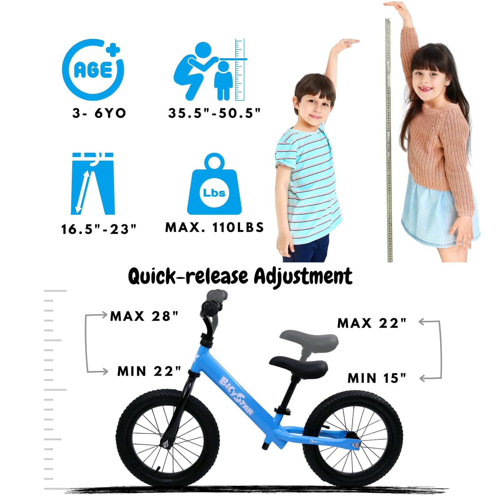 14 Inch Balance Bike for Kids 3-6 Year Old, No Pedals, Air Rubber Tires, Adju... thumbnail 2